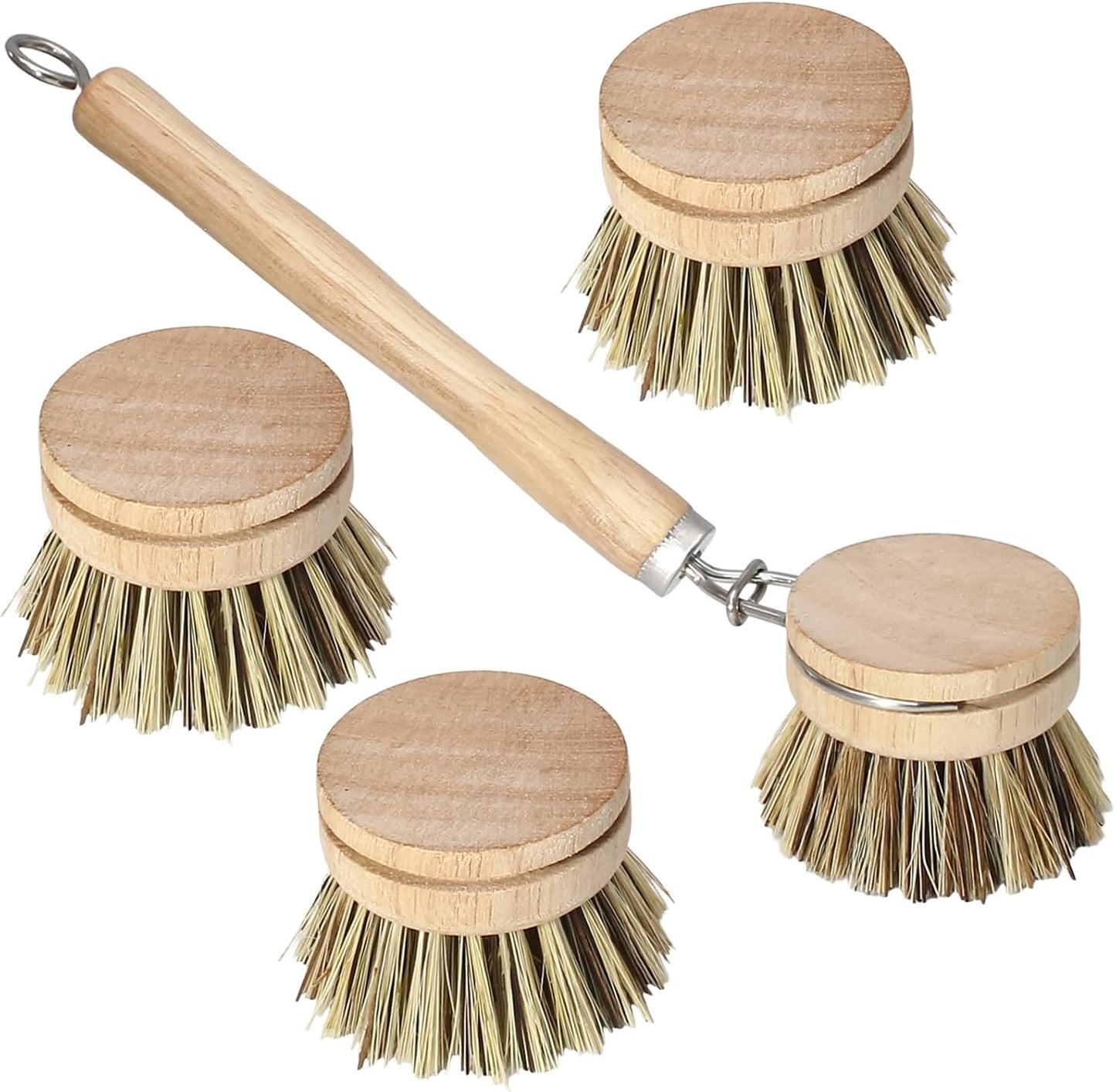 Wooden Dish Brush Set, 4 Natural Bristle Replacement Heads with 1 Sturdy Wooden Handle, Sisal Kitchen Scrub Brush for Pots, Pans, Vegetables and Cookware