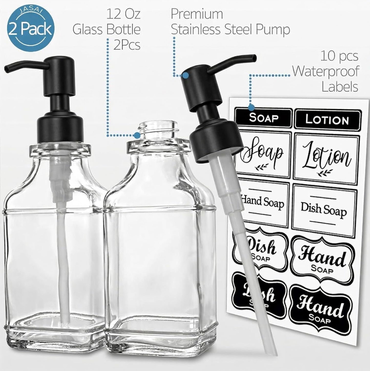JASAI 2Pack Glass Soap Dispenser with Black Rust Proof Pump, Refillable Dish Soap Dispenser with for Kitchen and Bathroom.