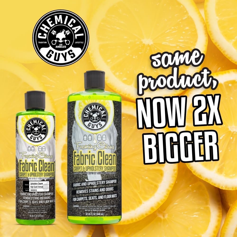 Chemical Guys Foaming Citrus Fabric Clean Drill Brush Kit - High Foaming Stain and Odor Remover, Upholstery, Floor Mat & Car Carpet Cleaner, Deep Cleans & Deodorizes, Citrus Scent - 16 fl oz