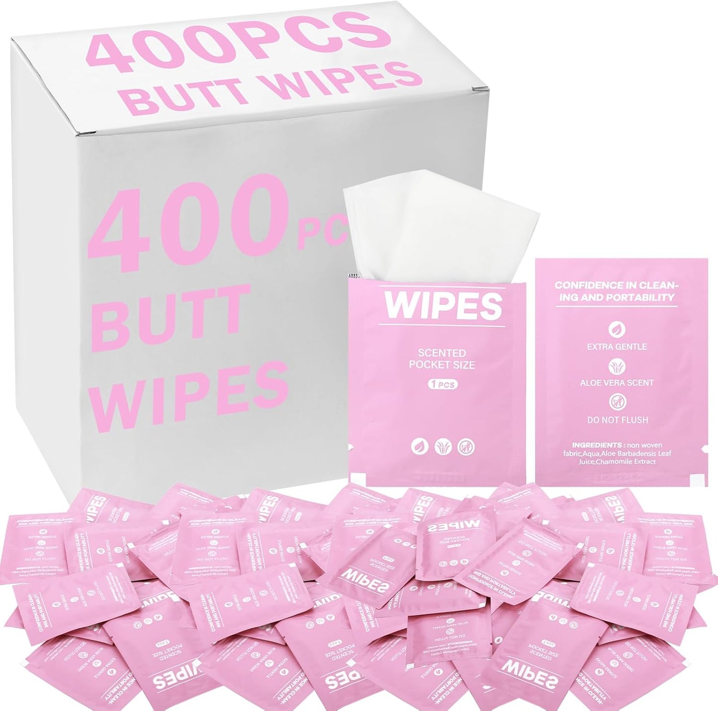 400 Pcs Butt Wet Wipes for Women Individually Wrapped Wipes for Women Man Travel Hand Face Body Cleaning Adults Bathroom Toilet Daily Use(White)