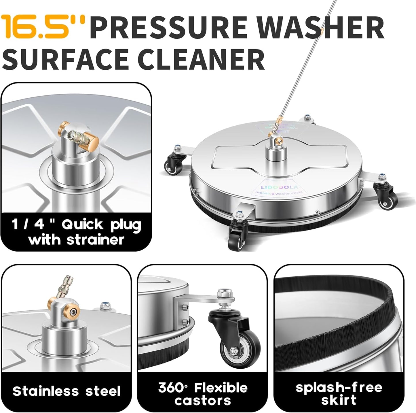 14" Pressure Washer Surface Cleaner with 4 Wheels - Stainless Steel Surface Cleaner for Pressure Washer Attachment for Concrete, Patio, Sidewalk, Deck and Driveways - PWS14