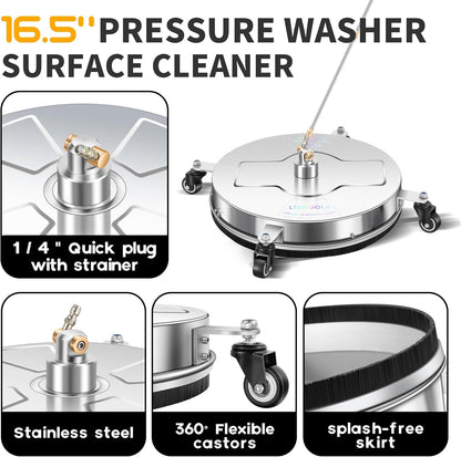 14" Pressure Washer Surface Cleaner with 4 Wheels - Stainless Steel Surface Cleaner for Pressure Washer Attachment for Concrete, Patio, Sidewalk, Deck and Driveways - PWS14