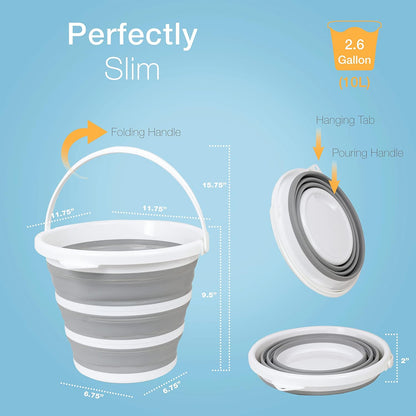 Brookstone Collapsible Bucket, Foldable Cleaning Bucket with Handle, Household Essentials Cleaning Basin and Dust Mop Bucket, Collapsible Wash Basin for Car Cleaning, [2.6 Gal. 10L] Square, Grey