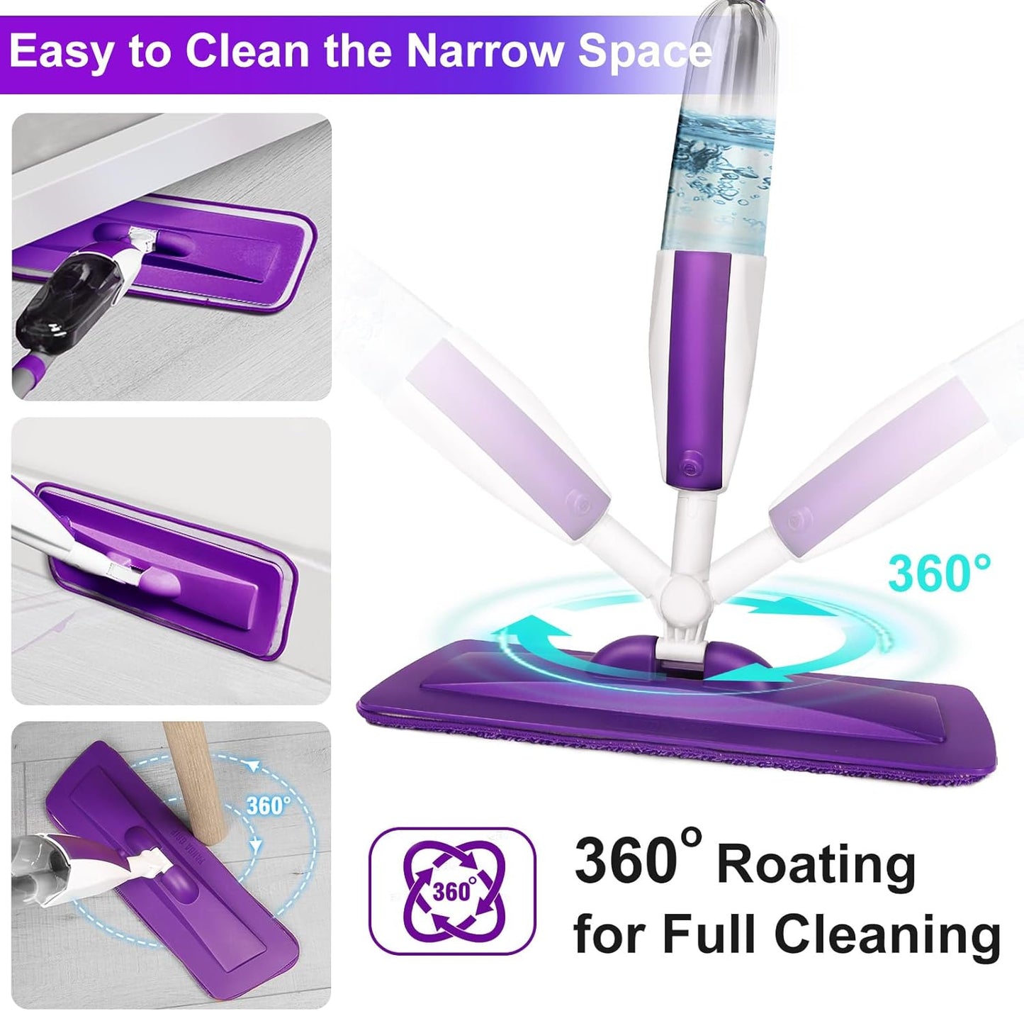 Spray Mops for Floor Cleaning Floor Mop with a Refillable Spray Bottle and 3 Washable Microfiber Pads Home or Commercial Use Dry Wet Flat Mop for Hardwood Laminate Wood (Purple)