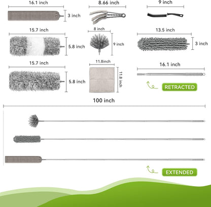 100-inch Duster with Extension Pole, 9-in-1 Cobweb Duster Kit Includes Spider Web Brush & Flat Gap Cleaner for High Ceiling, Fan, Under Appliances, Car, Home Deep Cleaning