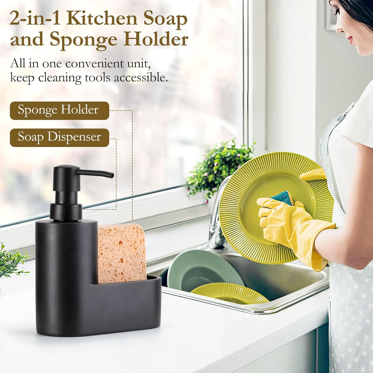 Shinowa Dish Soap Dispenser with Sponge Holder, Refillable Kitchen Dish Soap Dispenser Pump, 2-in-1 Countertop Soap Pump Dispenser for Kitchen Sink and Bathroom, Gravel Black