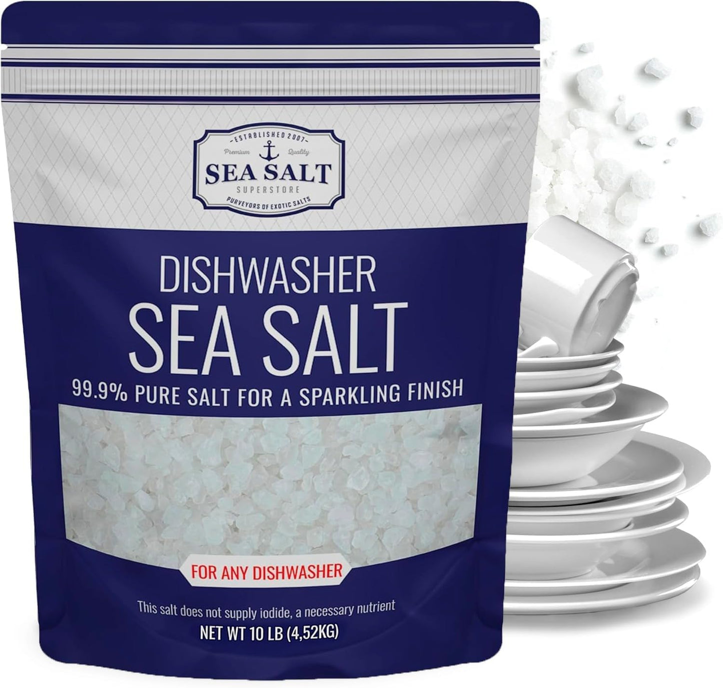 Dishwasher Salt, Natural Water Softener, Food Grade Coarse Sea Salt Compatible with Miele, Thermador, Whirlpool, & Bosch Dishwasher 5 lb Bag