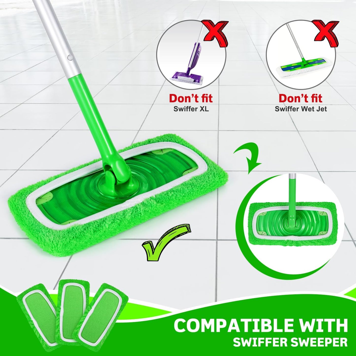 6 Pack Reusable Microfiber Mop Pads Compatible with Swiffer Sweeper, Dry Sweeping Cloths & Wet Mopping Cloths, Washable Mop Pads for Surface/Hardwood Floor Cleaning