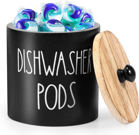 Round Dishwasher Pods Container, Wood Dishwasher Pod Holder with Lid for Kitchen Decor, Laundry Pod Container for Laundry Detergent Storage (Black)