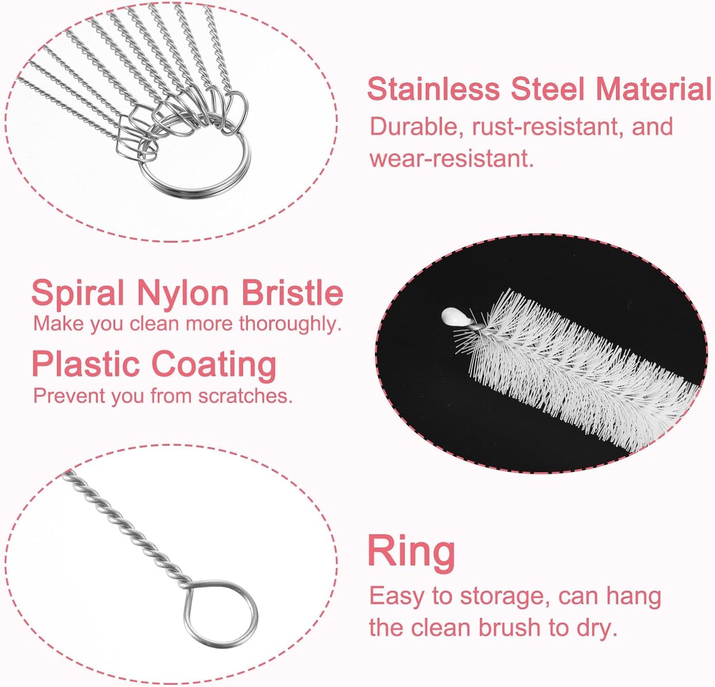 uxcell Straw Cleaner Brush Set, 8.3 Inch Nylon Tube Pipe Cleaners, Set of 10 Stainless Steel Long Straw Brush for Drinking Straw, Bottle, Tube, Cup, Pink