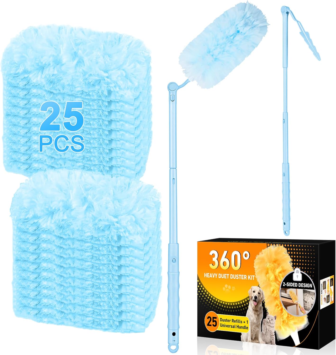 360° Duster Refills Kit for Swiffer Duster, 25 Pack & 1 Handle, Multi-Surface Dusters with 4X Cleaning Power. Efficient Duster Kit for Cleaning Pet Hair, Home, Office, Blinds, Furniture and More