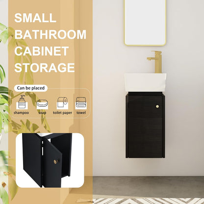 SSLine Modern 24-Inch Bathroom Vanity with Sink Wall Mounted Bathroom Vanity with Top Basin & Storage Cabinet White Wood Floating Vanity w/Ceramic Sink & Gold/Black Handles for Small Space