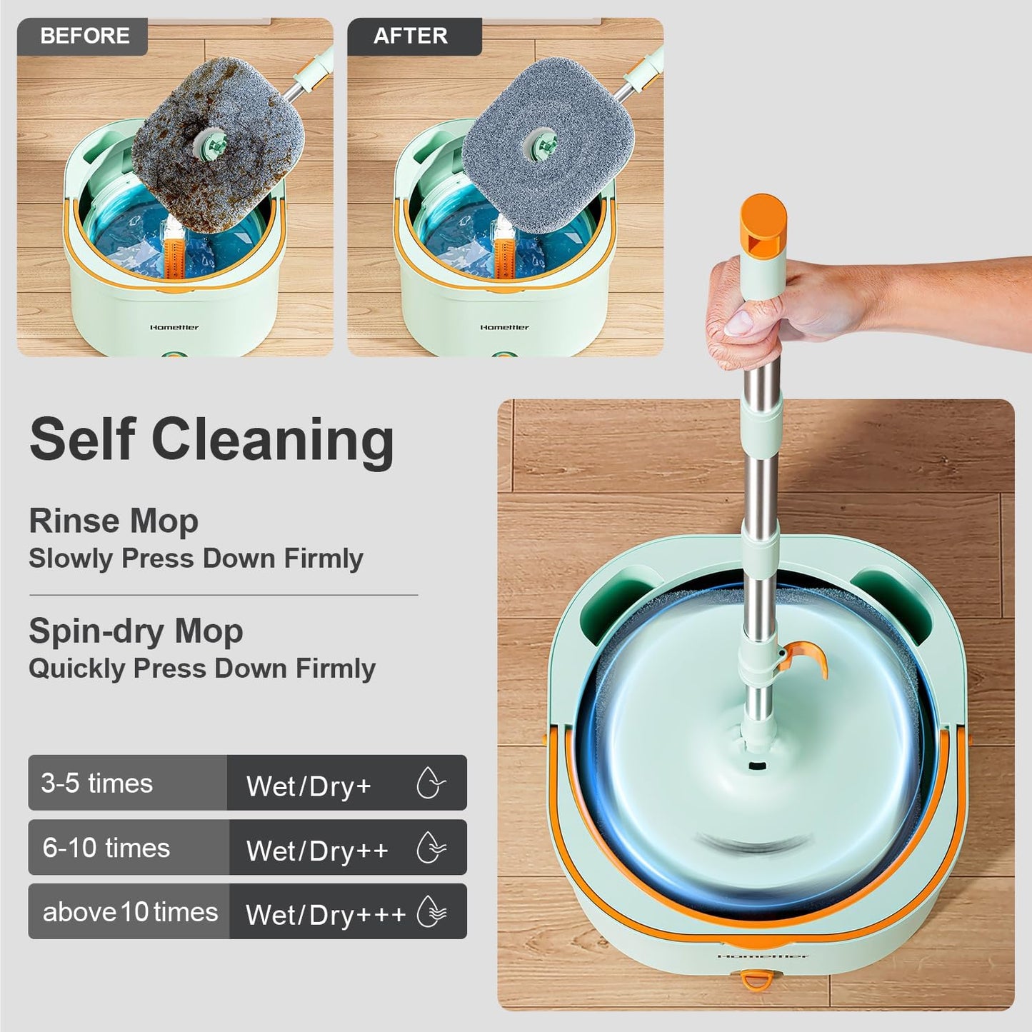 HoMettler Mop and Bucket Set | Spin Mop with Dual-Tank Clean/Dirty Water Separation | 4 Microfiber Pads for Deep-Cleaning Floors | Versatile Mops Triangular Head for Walls