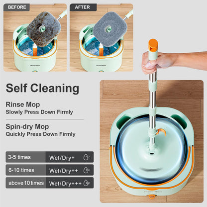 HoMettler Mop and Bucket Set | Spin Mop with Dual-Tank Clean/Dirty Water Separation | 4 Microfiber Pads for Deep-Cleaning Floors | Versatile Mops Triangular Head for Walls
