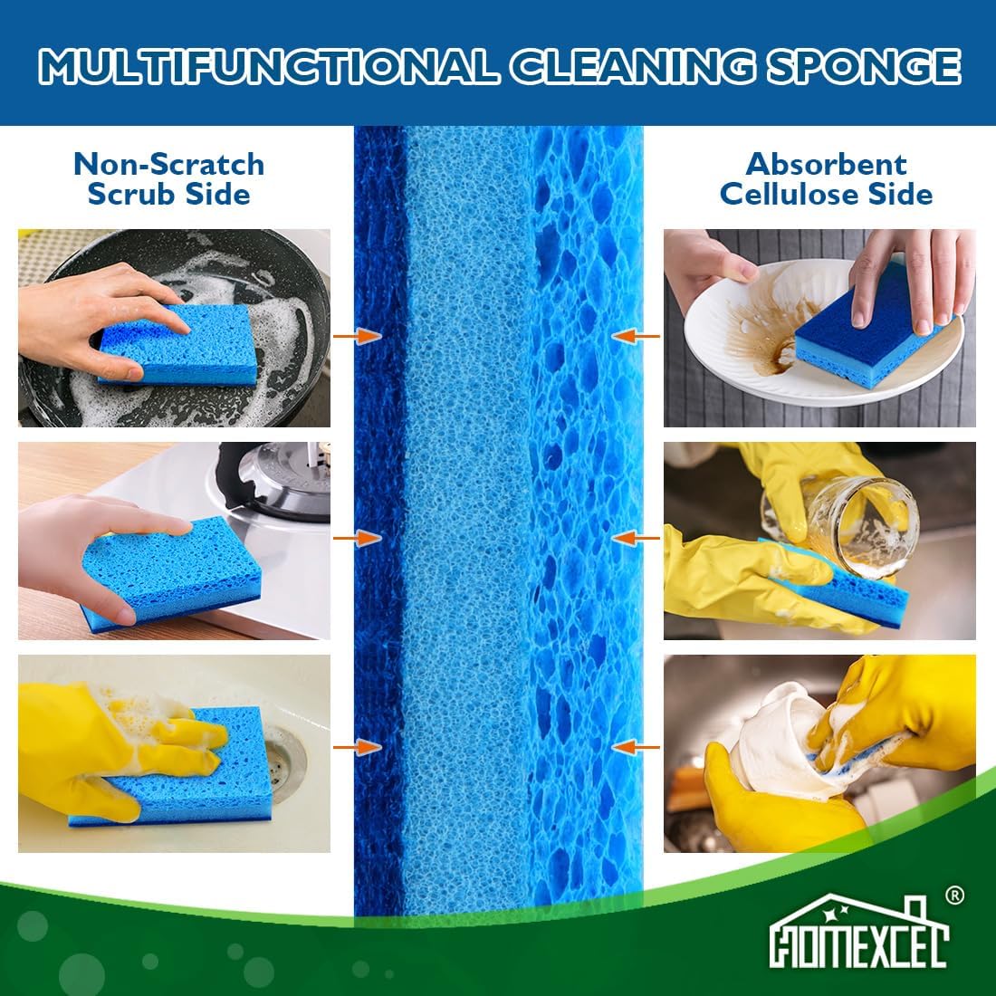 HOMEXCEL Sponges Kitchen 12pcs, Non-Scratch Scrub Dish Sponge Safe on Non-Stick Cookware, Dual Sided Cleaning Sponges for Kitchen, Household, Bathroom and More