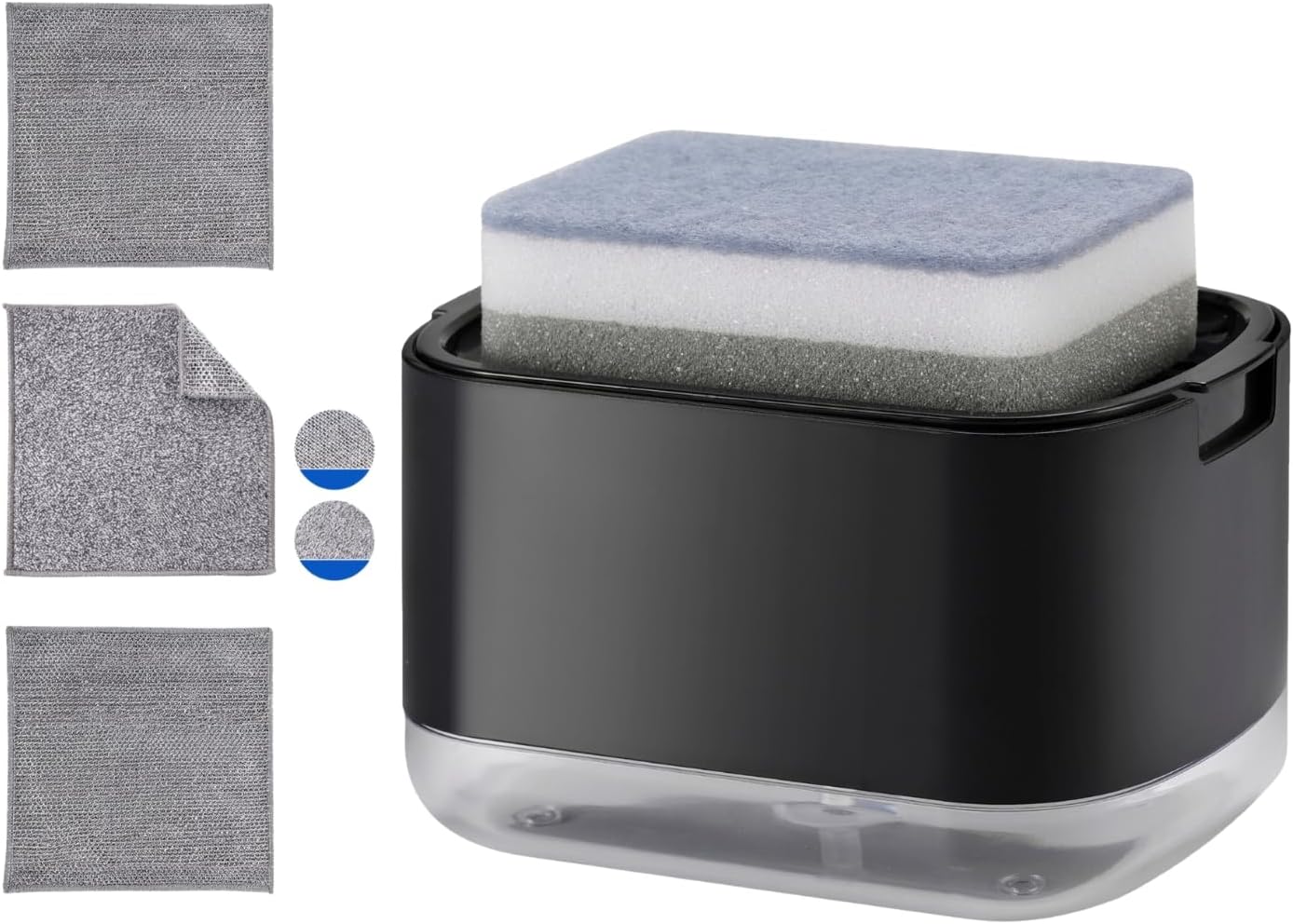 Kitchen Dish Soap Dispenser with Sponge Holder, 2-in-1 Countertop Soap Pump Dispenser, Soap Dispenser for Kitchen Sink with 2-Packs Wire Dishwashing Rag,Black