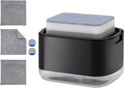 Kitchen Dish Soap Dispenser with Sponge Holder, 2-in-1 Countertop Soap Pump Dispenser, Soap Dispenser for Kitchen Sink with 2-Packs Wire Dishwashing Rag,Black
