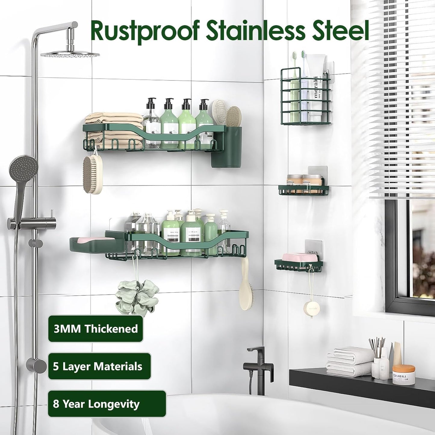 NESOMI Shower Caddy Adhesive Shower Organizer 7-Pack, Rustproof Stainless Steel Bathroom Shelves, Large Capacity No-Drill Rack Storage Accessories with Soap Dish Toothbrush Holder &24 Hooks Home Decor