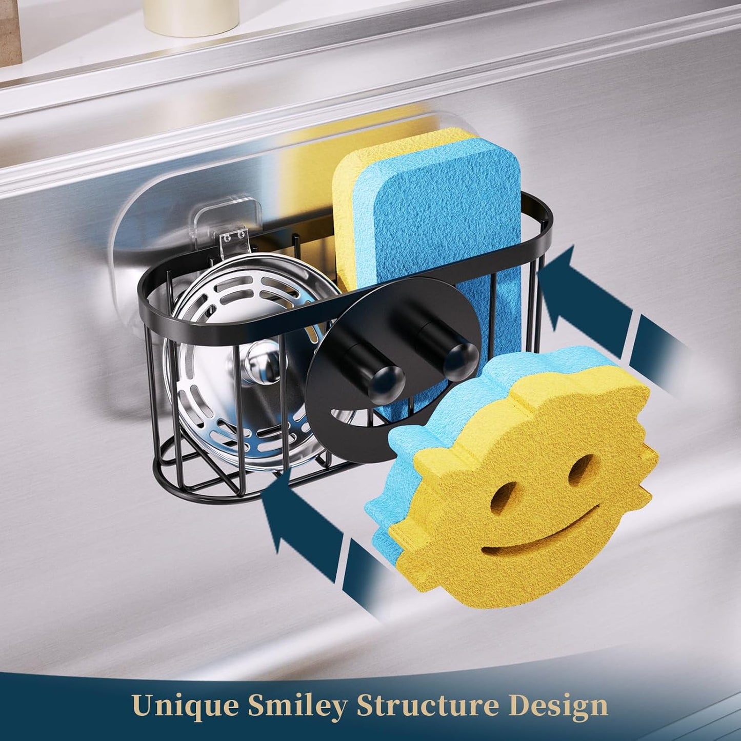 Consumest Sponge Holder Sink Caddy - Ladder Shaped Sponge Holder for Kitchen Sink with 2 Installation Ways (Suction Cups & Adhesive Hook), Rustproof Stainless Steel Kitchen Organizer, Silver