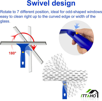 Window Washing Kit with Extension Pole, 10" Squeegee & 11" Microfiber Scrubber Combi with Stainless Steel Pole, Window Cleaner for Car, Sliding Door,Shower Glass Door-Swivel Style-2 Pads