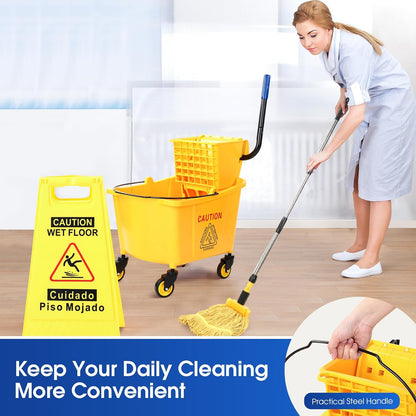 Maxdot 35 Quart Commercial Mop Bucket with Side Press Wringer on Wheels Yellow Industrial Mop and Bucket Set with Caution Sign for Floor Cleaning