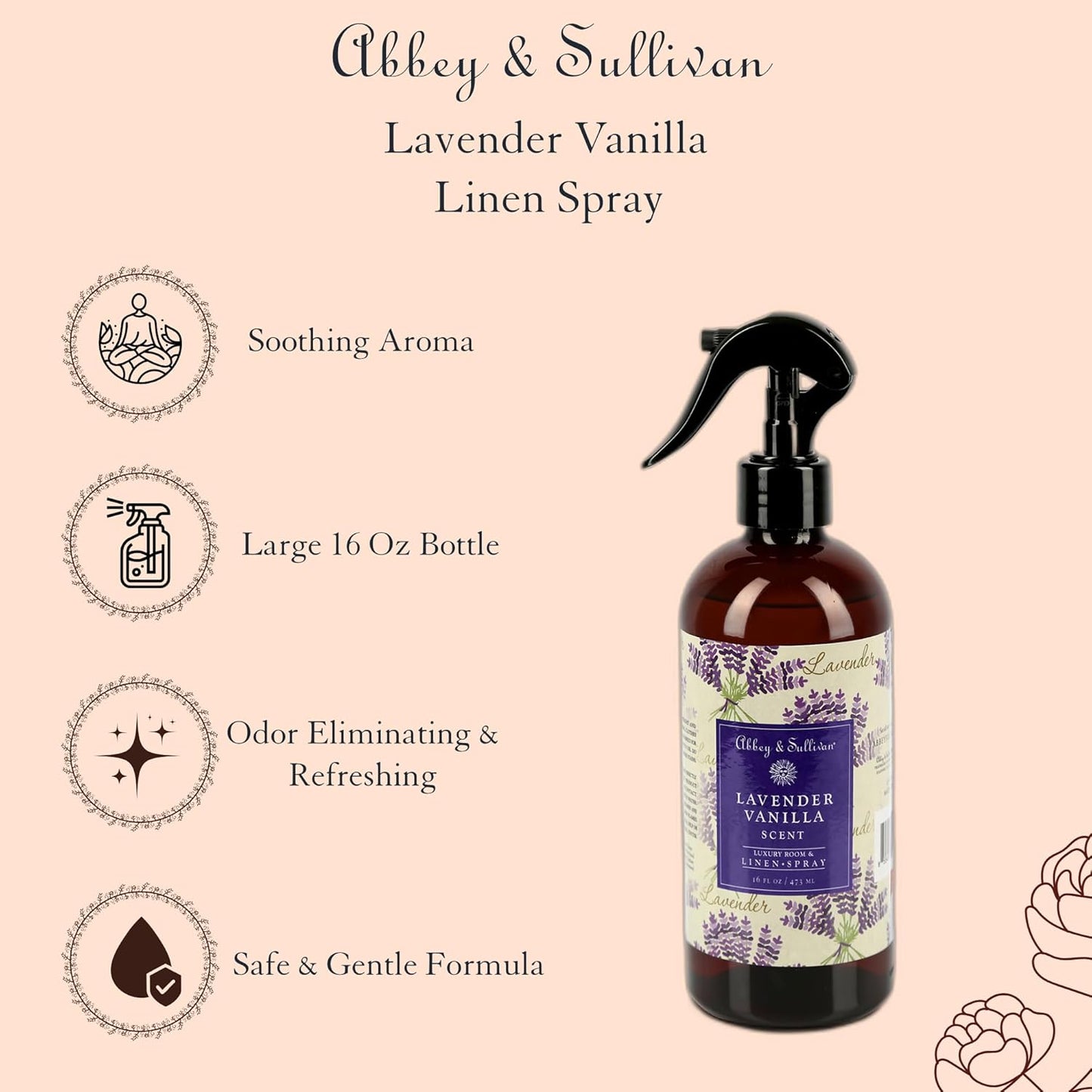 Abbey & Sullivan Linen Spray, Lavender Vanilla, Fabric Freshener and Odor Eliminator, Pack of 2, 16 oz
