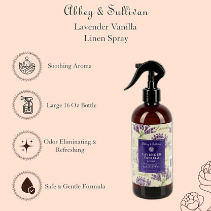 Abbey & Sullivan Linen Spray, Lavender Vanilla, Fabric Freshener and Odor Eliminator, Pack of 2, 16 oz