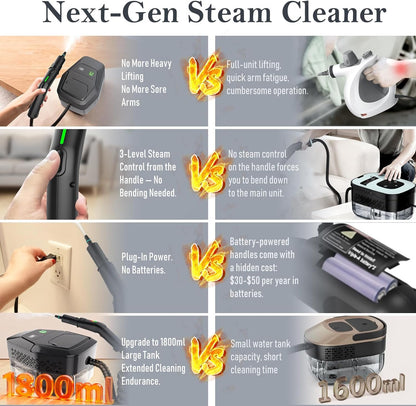 Steam Cleaner, 3-Level Adjustable Handle, 15s Heat-Up, Steamer for Cleaning With 1.8L Large Tank, Dry Burn Protection, Handheld Steam Cleaner for Home, Bathrooms, Tile,Grout,Car with 12pcs Accessories
