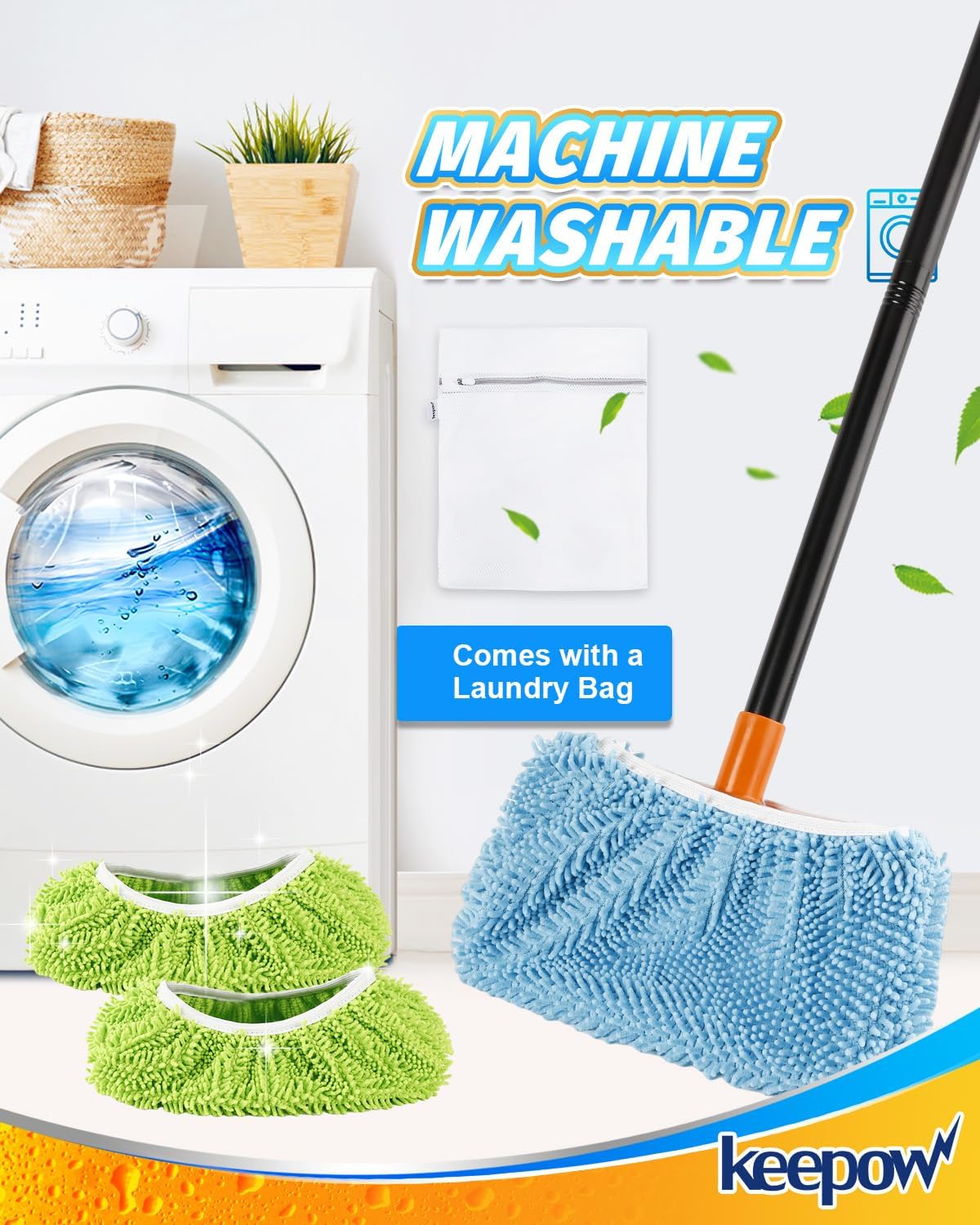 KEEPOW 4 Pack Washable Chenille Broom Pads, Baseboard Cleaner Cloth Covers for Daily Dusting, Reusable Broom Covers Compatible with Standard Brooms Under 11×5.9 in for Floors & Walls (Blue & Green