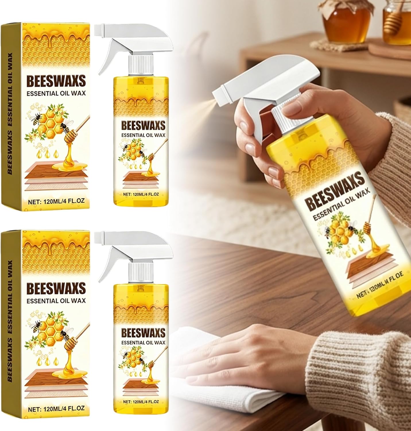 Beeswax Wood Polish Spray, Bees Wax Furniture Polish and Cleaner with Sponge & Towel, Wood Cleaner for Floors, Cabinets, Tables, Doors, Laminate and Finished Wood Surfaces, Citrus Scent, 120ML