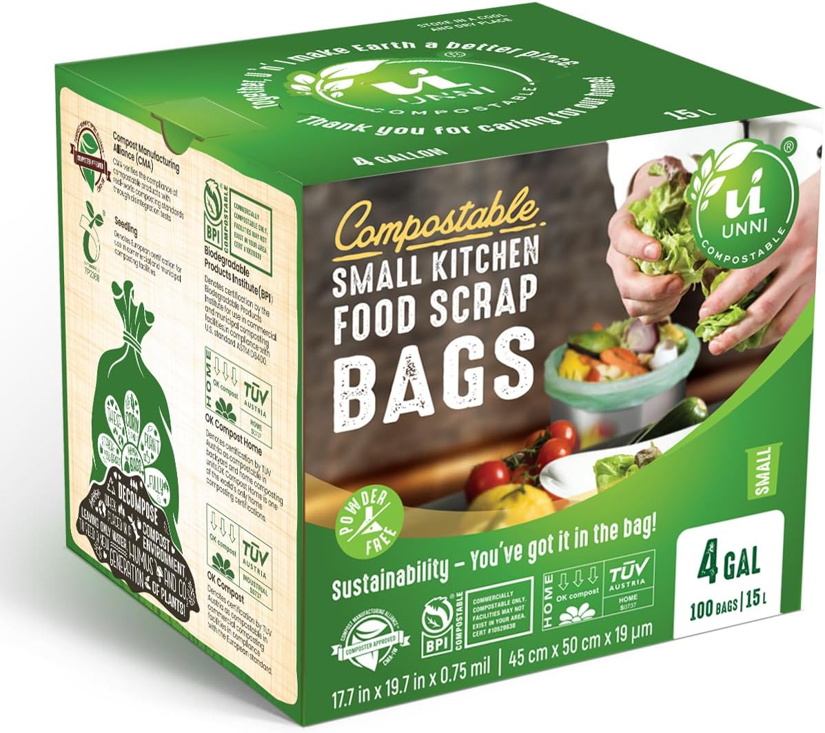 UNNI Compostable Trash Bags, 13 Gallon / 49.2 Liter, 50 Count, Extra Thick 0.9 Mil Tall Kitchen Food Scrap Bin Liners, Certified by BPI, CMA & OK compost HOME, Meets the ASTM D6400 Standard