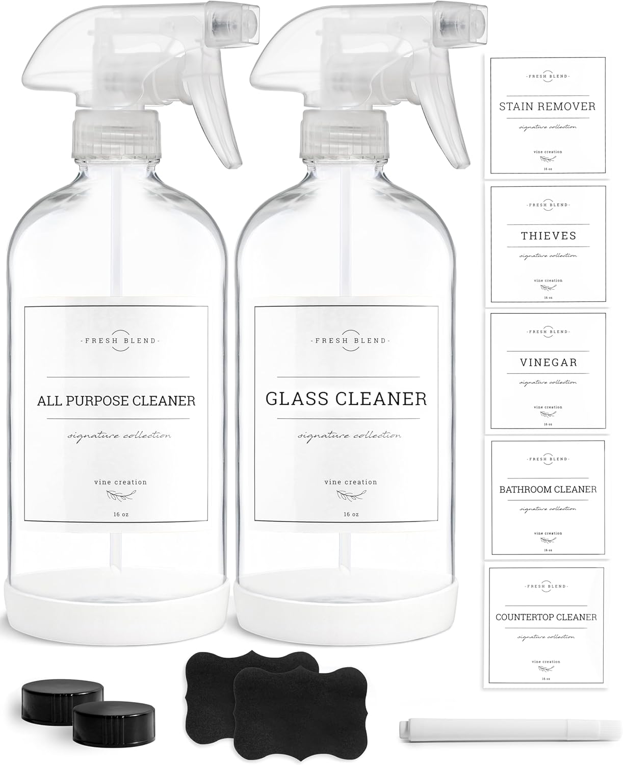 Vine Creations Amber Glass Spray Bottles, 2 Pack Glass Refillable Bottles for Cleaning solutions, 16 oz Spray Bottle for Cleaning, Mister Spray Bottle, Amber Spray Bottles with Waterproof Labels