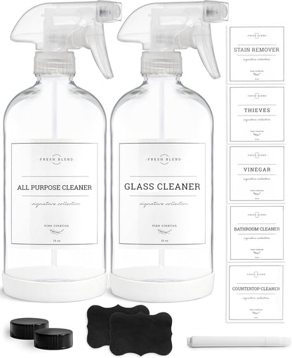 Vine Creations Amber Glass Spray Bottles, 2 Pack Glass Refillable Bottles for Cleaning solutions, 16 oz Spray Bottle for Cleaning, Mister Spray Bottle, Amber Spray Bottles with Waterproof Labels