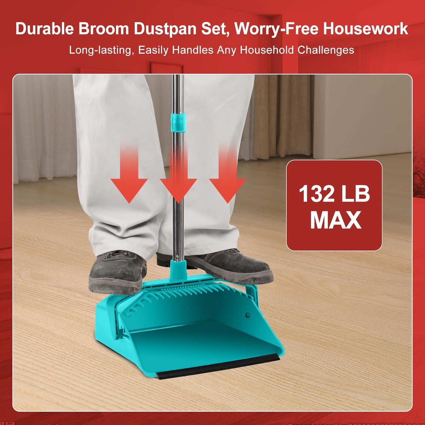 Tiumso Upgrade Broom with Dustpan Combo Set, Broom and Dustpan Set with 51'' Long Handle, Dust Pan and Brooms, ZeroGap Lip, Self-Cleaning Dustpans Teeth for Lobby Kitchen Restaurant - Black and Red
