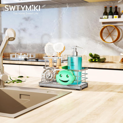 SWTYMIKI Sponge Holder for Kitchen Sink - 2 Tier Rustproof Sink Caddy with Instant Drying Stone, Removable Dish Brush Holder, Stainless Steel Kitchen Caddy for Coutertop Storage Accessories