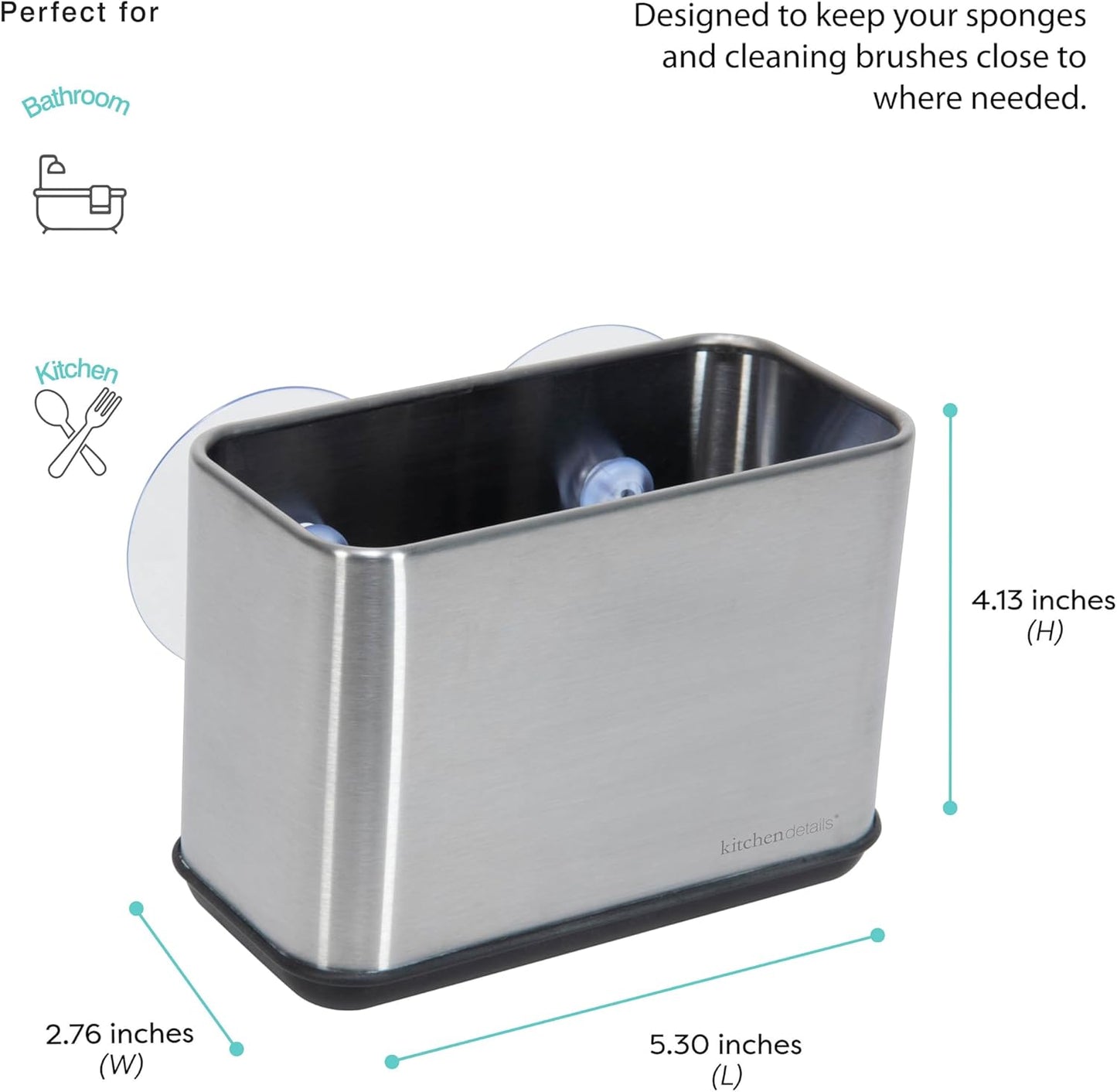 Kitchen Details Cup Sponge Holder/Basket, Space-Saving, Perfect for Kitchen or Bathroom, Sleek, in Stainless Steel Suction Sink Caddy (4192-SS)