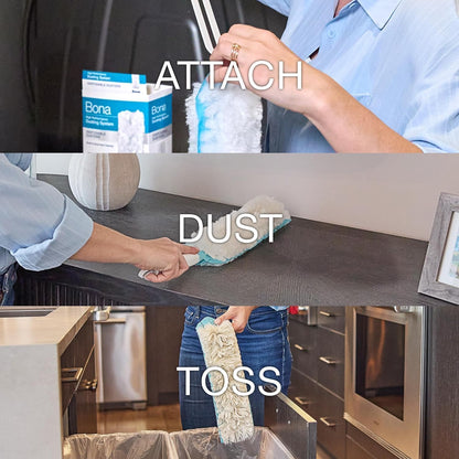 Bona High Performance Dusting System - 1 Extendable Handle, 3 Disposable Dusters, 1 Reusable Duster, & 1 Storage Bag - Extendable Dusting Kit