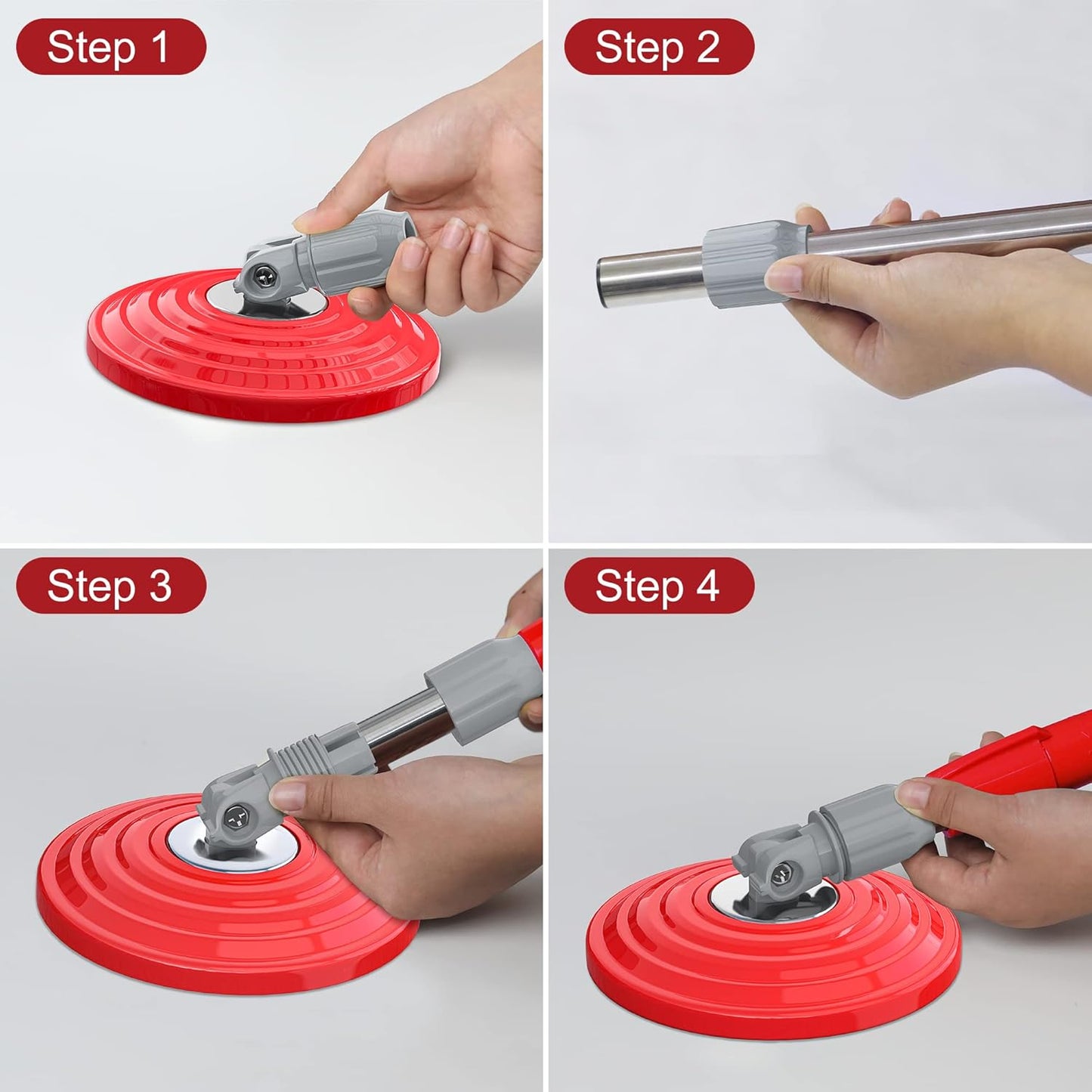 Stainless Steel Extendable Mop Handle with 2 Microfiber Replacement Heads & 360° Rotating Base Plate — Fits Standard Mop Buckets -White