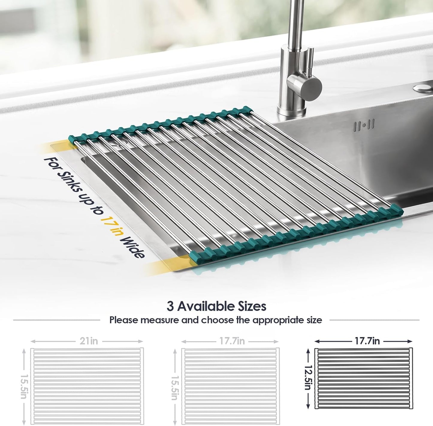 Tomorotec 17.7" x 15.5" Roll Up Dish Drying Rack Over Sink Drying Rack Sink Cover Kitchen Sink Accessories Gadget Multipurpose Organizer Foldable Stainless Steel Drainer (Grey)