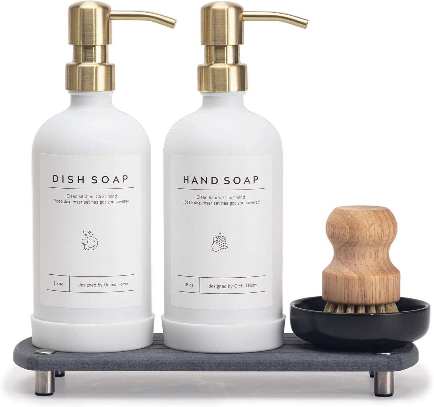 [Luxury] Kitchen Soap Dispenser Set - 16OZ Amber Glass Bottle, Stainless Steel Pump, Instant Dry Tray, Waterproof Labels, Non-Slip Silicone Pad, and Dish Brush | Upgrade for Your Kitchen and Bathroom
