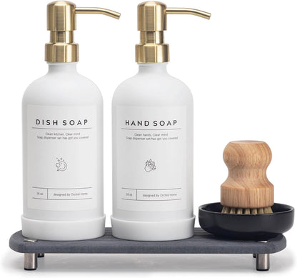 [Luxury] Kitchen Soap Dispenser Set - 16OZ Amber Glass Bottle, Stainless Steel Pump, Instant Dry Tray, Waterproof Labels, Non-Slip Silicone Pad, and Dish Brush | Upgrade for Your Kitchen and Bathroom