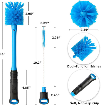 MOSOLAN 2-in-1 Water Bottle Brush and Straw Cleaner Brush, Long Handle Scrub Brush with Replaceable Head for Water Bottles, Glasswares, Mugs, Flasks, Tumblers, Vases, and Kitchen Sink, Smokey Blue