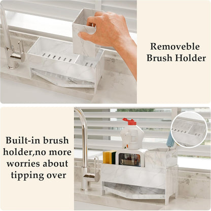 TIDIIABODE Sponge Holder for Kitchen Sink - White Marble Acrylic Sink Caddy with Brush Slot, Countertop Soap Organizer for Modern Kitchen, Self-Draining Storage Rack, 9.2" Large Capacity