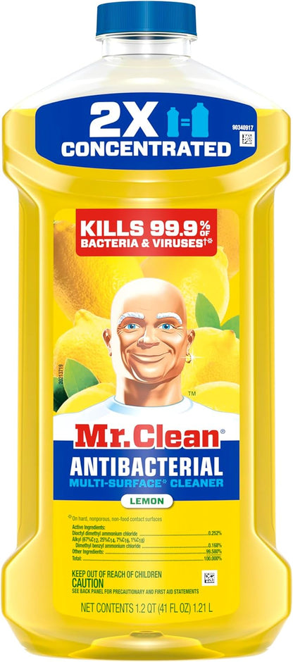 Mr. Clean Antibacterial All Purpose Cleaner, Floor Cleaner for Mopping Home, Bathroom, & Kitchen, Cleaning Liquid for Mop & Bucket, Cleaning Supplies, Multi-Surface Dilutable, Lemon, 99oz