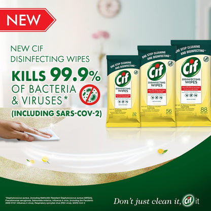 Cif Multi Surface Disinfecting Hand Wet Citrus Wipes for All Hard Non Porous Surfaces, Remove 99 Percent of Diseases, 32 Count