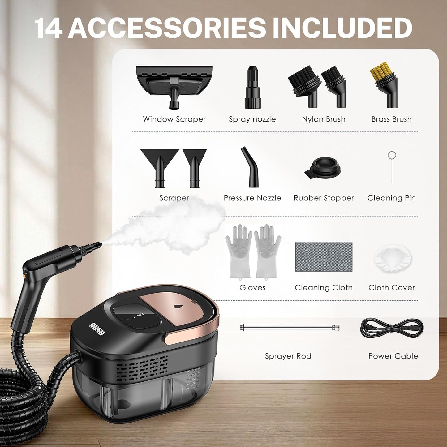 ODSD Steam Cleaner for Home & Car, 3-Level Adjustable Steamer for Cleaning, 15s Heat-Up & 1.6L Large Tank, Handheld Steam Cleaner for Car Detailing, Home, Tile, Grout, Furniture with 15pcs Accessories