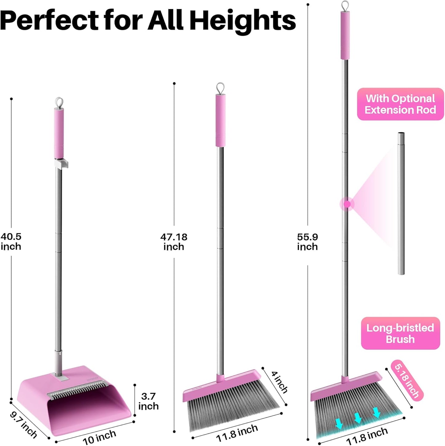JOYMOOP White Broom and Dustpan Set, Upright Angle Design with Built-in Comb Teeth for Kitchen, Office, Pet Hair, Hard Floors