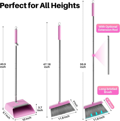 JOYMOOP White Broom and Dustpan Set, Upright Angle Design with Built-in Comb Teeth for Kitchen, Office, Pet Hair, Hard Floors