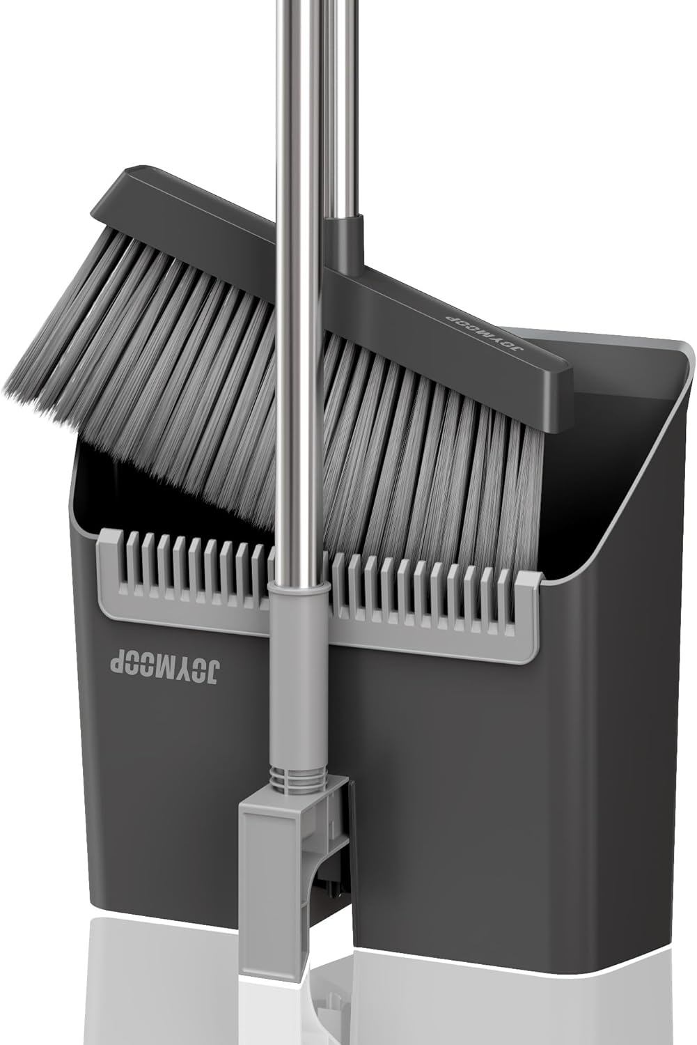 JOYMOOP White Broom and Dustpan Set, Upright Angle Design with Built-in Comb Teeth for Kitchen, Office, Pet Hair, Hard Floors
