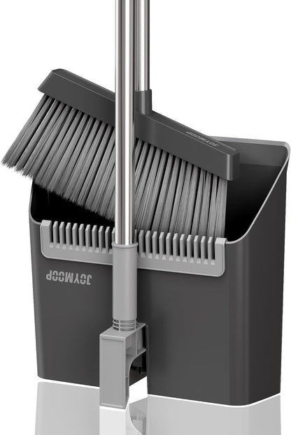 JOYMOOP White Broom and Dustpan Set, Upright Angle Design with Built-in Comb Teeth for Kitchen, Office, Pet Hair, Hard Floors
